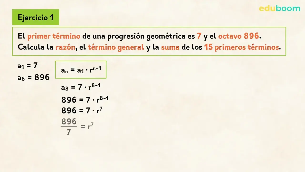 Ejercicio 1: Calcula la razón y la suma progresion geometrica de una progresión con a1=7 y a8=896.