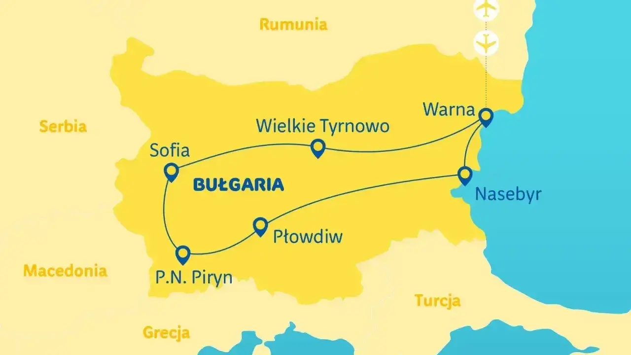 Mapa turystyczna Bułgarii z zaznaczoną trasą przez Sofię, Płowdiw, Wielkie Tyrnowo, Warnę i Nesebyr. Widoczne wybrzeże Bułgarii.