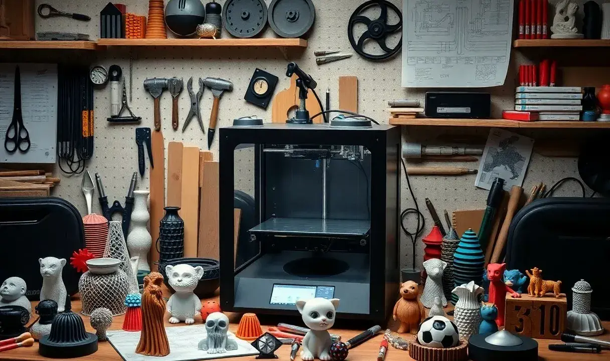 Un atelier rempli d'outils et d'objets imprimés en 3D, avec une imprimante au centre. Idéal pour savoir comment choisir une imprimante 3d.