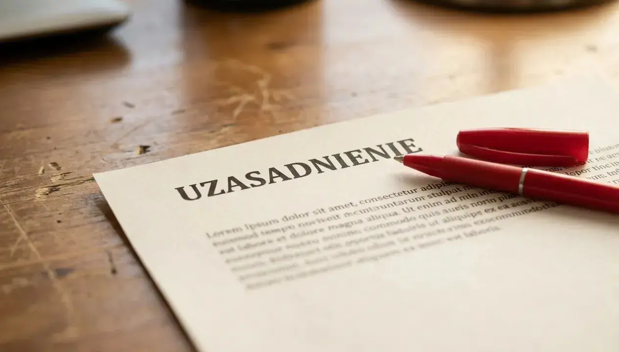 Czerwony długopis leży obok dokumentu z nagłówkiem "UZASADNIENIE". Może to być kluczowy dokument, który wymaga przemyślenia przed złożeniem wypowiedzenia.