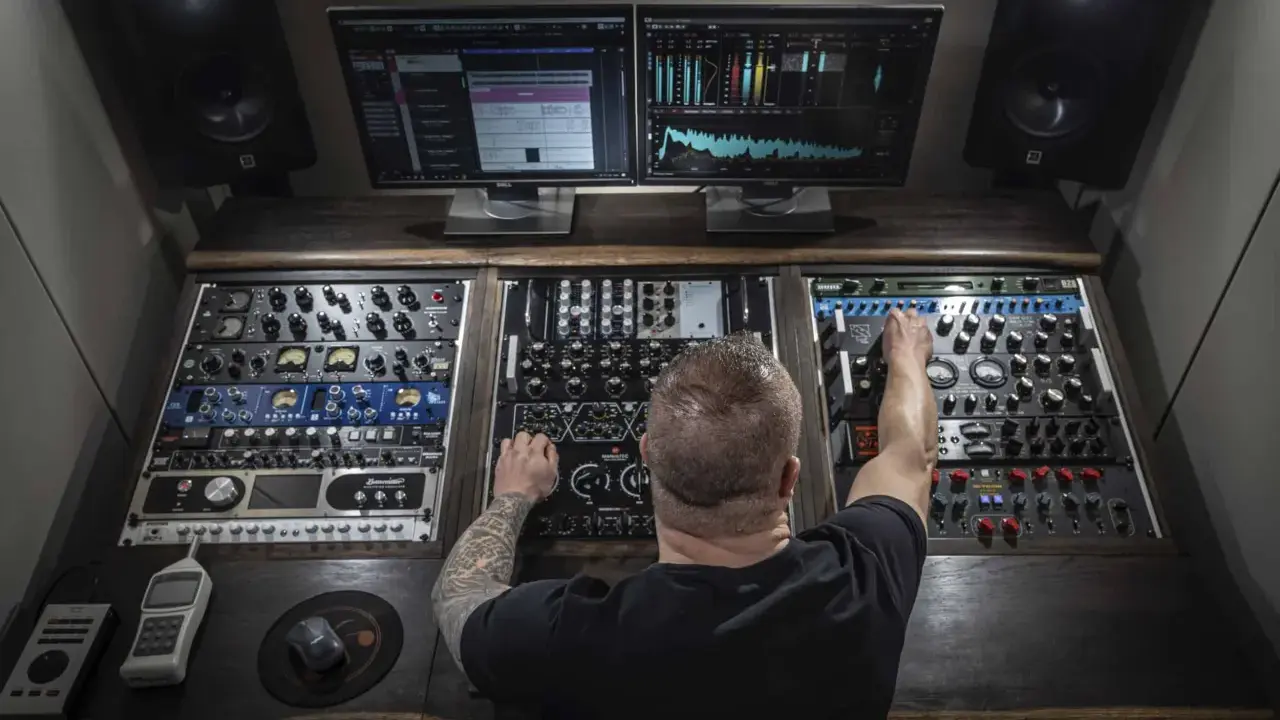 Un homme aux bras tatoués ajuste les réglages d'une console de mixage audio, entouré d'écrans affichant des formes d'ondes et des analyseurs.