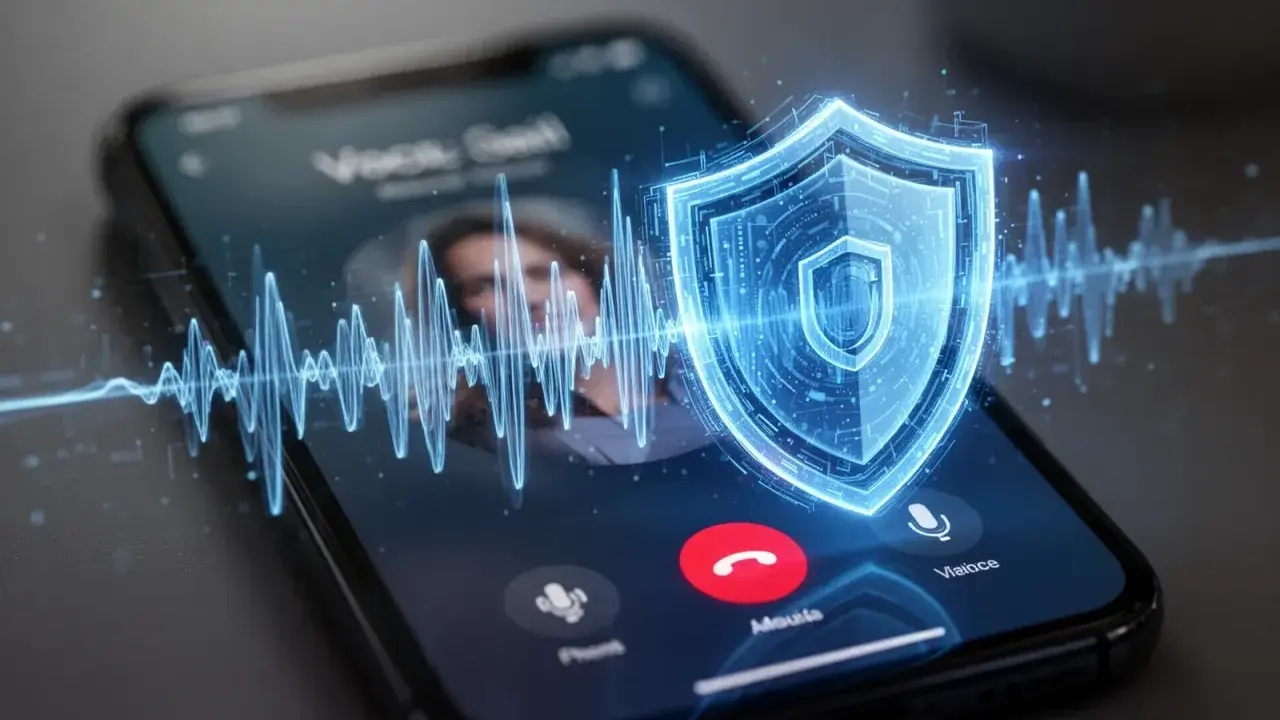 Ein Smartphone zeigt einen Anruf mit einem digitalen Schild, das Sicherheit symbolisiert. Wellenformen deuten auf Stimmen hin, was die Gefahr von Vishing verdeutlicht.