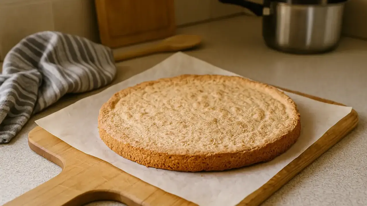 Une dacquoise amande dorée, prête pour une délicieuse recette. Sur une planche en bois, avec une serviette à rayures et une casserole en arrière-plan.