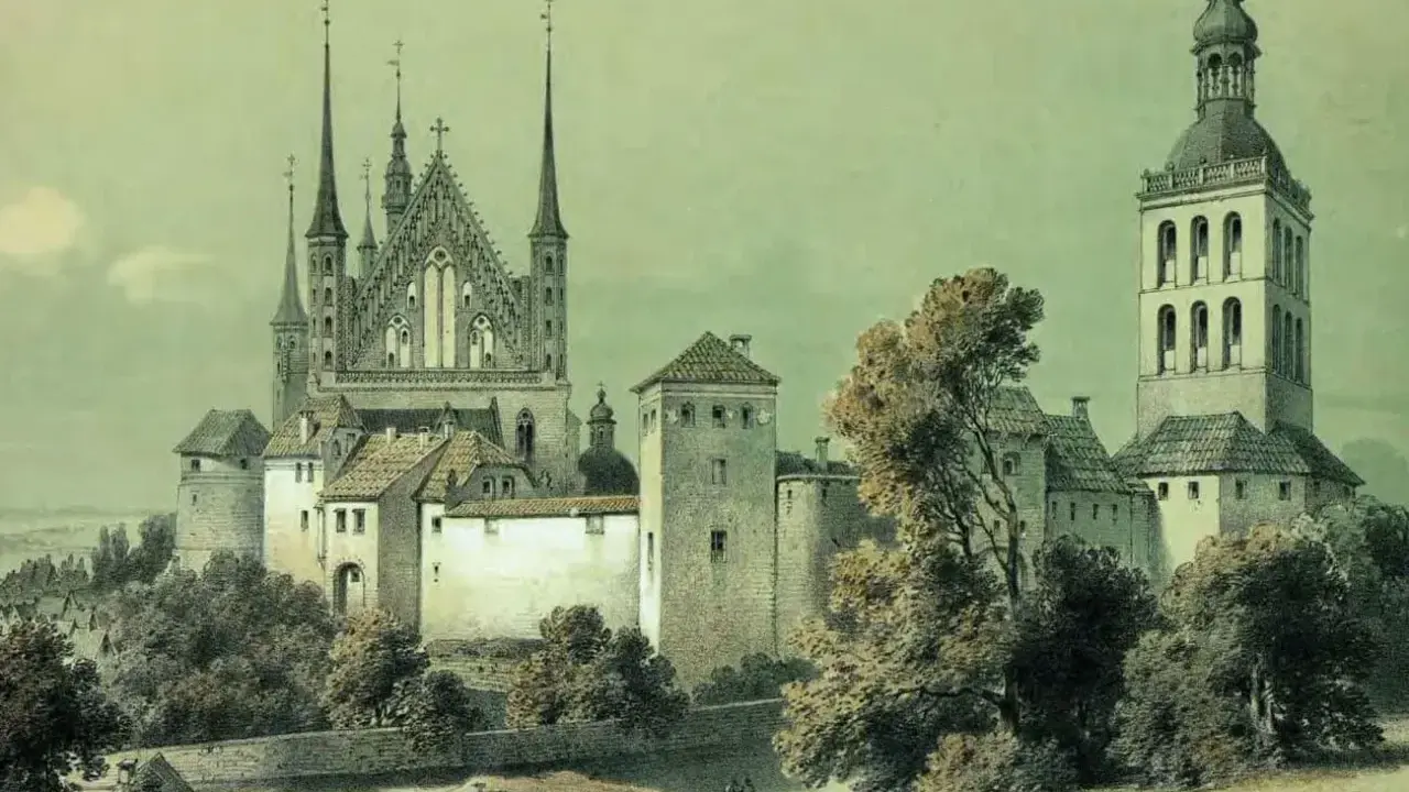 Zamek Frombork z katedrą i wieżą, otoczony drzewami. Malownicza panorama historycznej budowli.