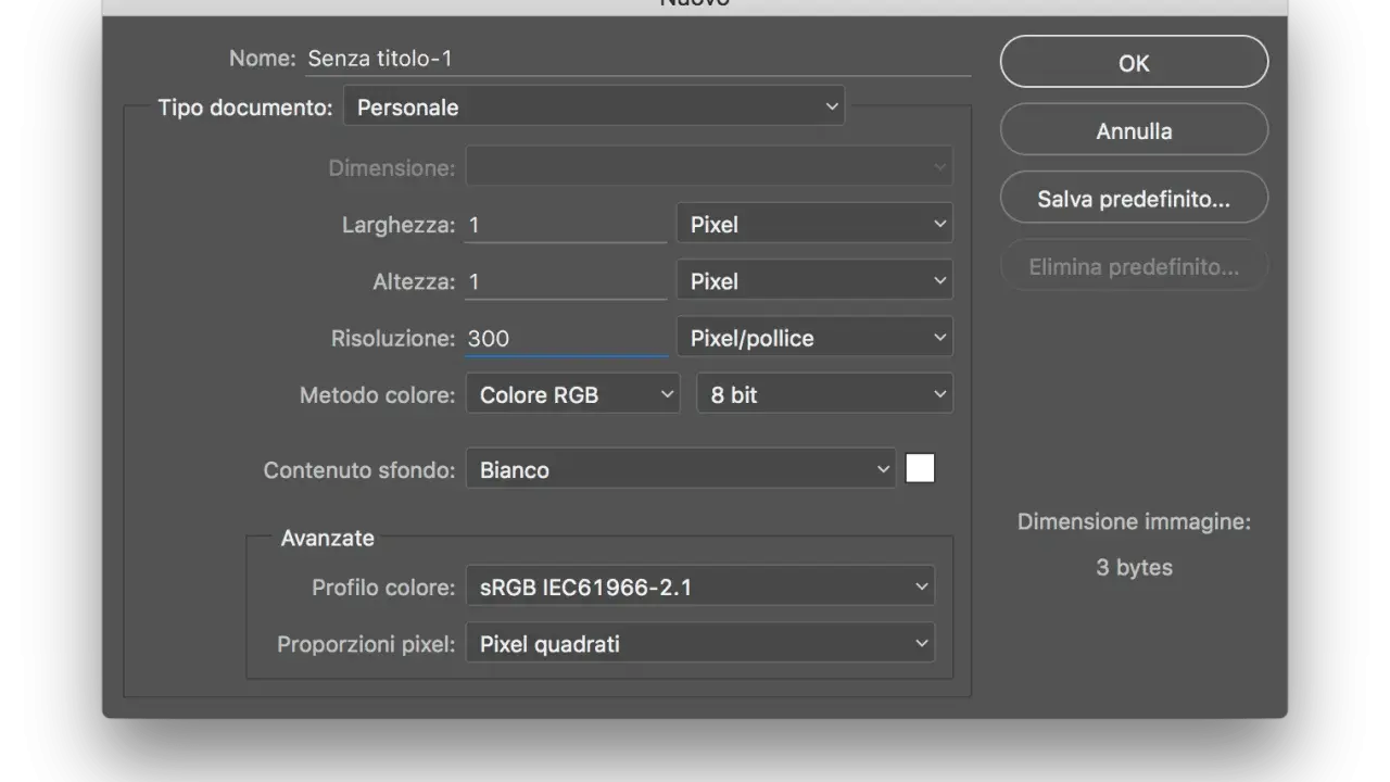 Finestra di dialogo "Nuovo" con risoluzione impostata a 300 ppi, metodo colore RGB e sfondo bianco.