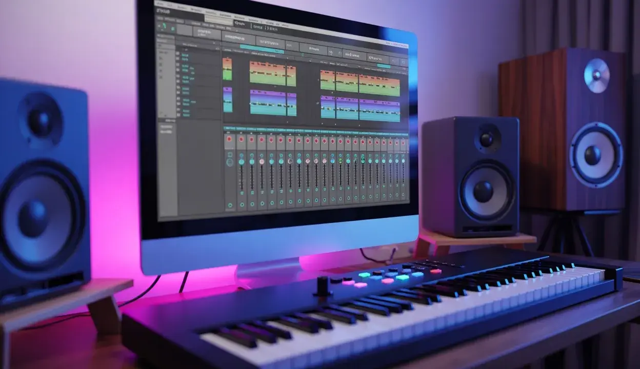 Studio d'enregistrement avec écran affichant un DAW, clavier MIDI et enceintes. Le meilleur DAW pour créer de la musique.
