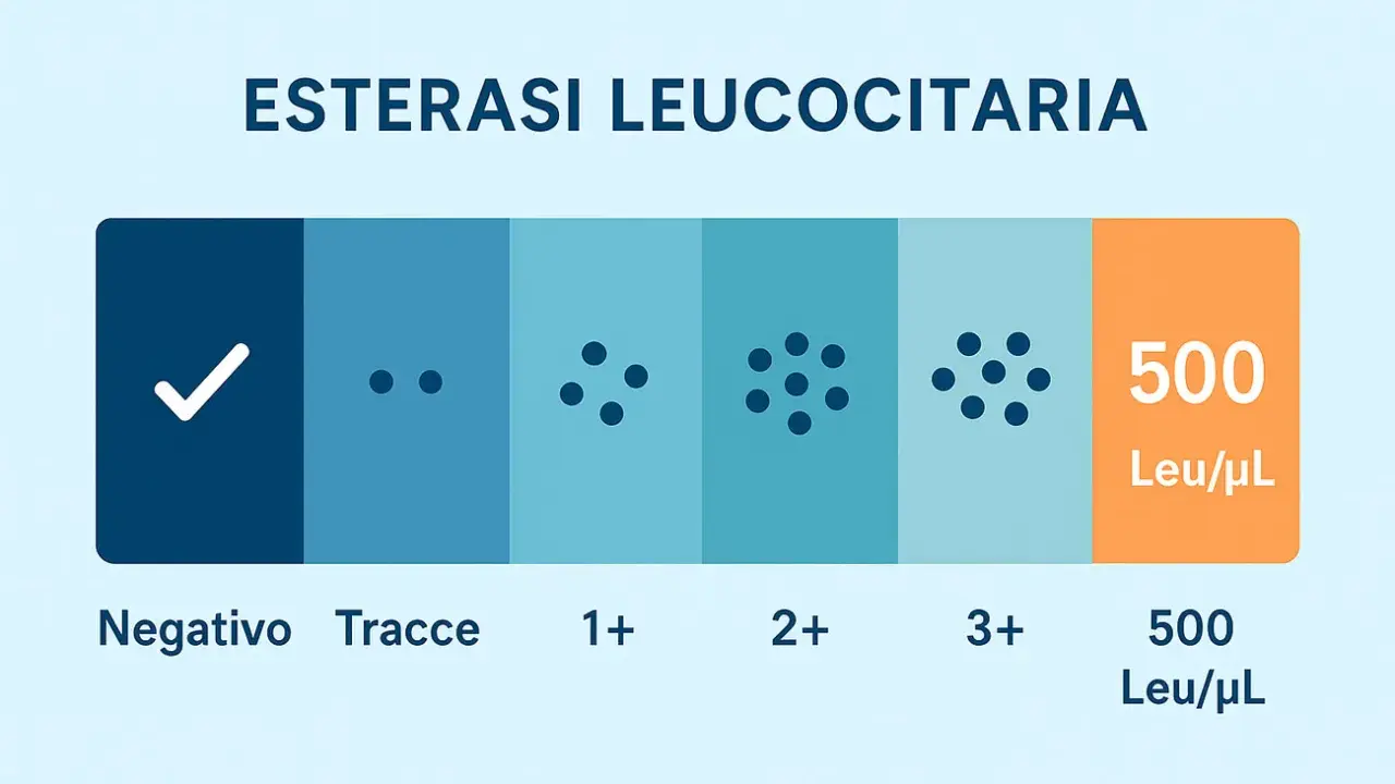 Livelli di esterasi leucocitaria: da negativo a 3+, con 500 Leu/µL. Un valore alto potrebbe indicare un tumore.
