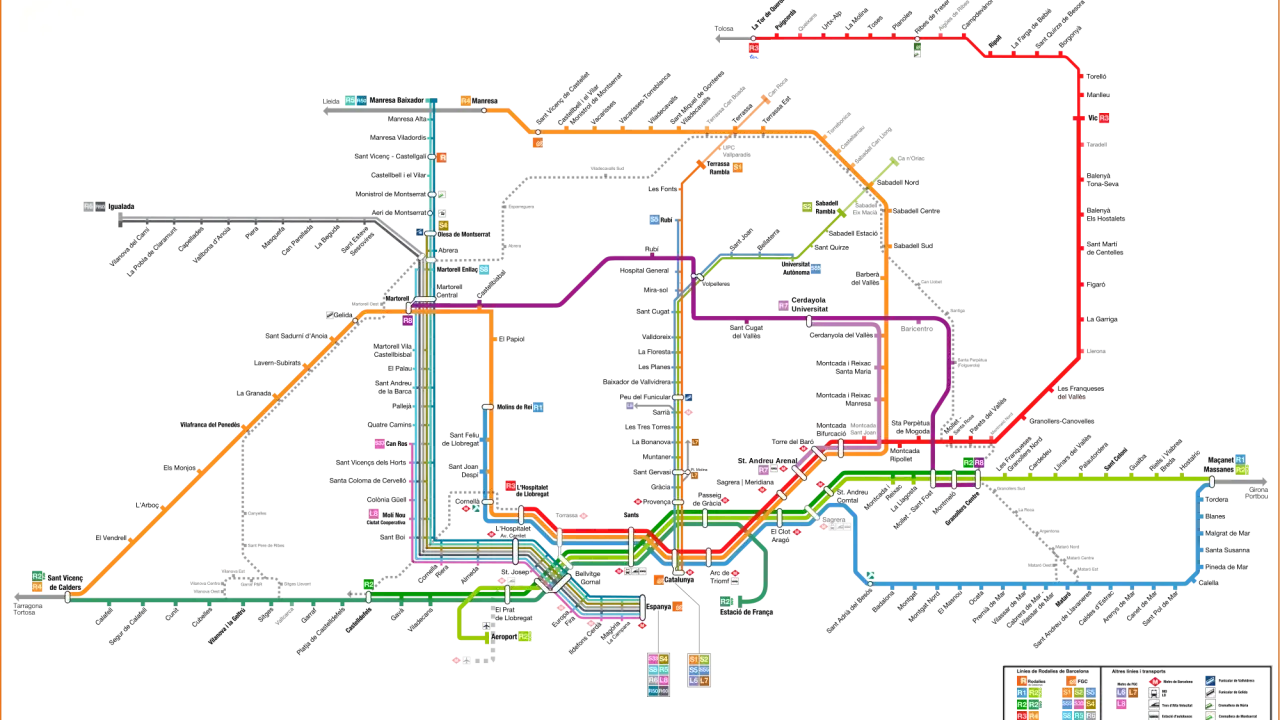 Mapa turystyczna Barcelony z liniami kolejowymi Rodalies. Zobacz, jak łatwo zaplanować podróż po mieście i okolicach.