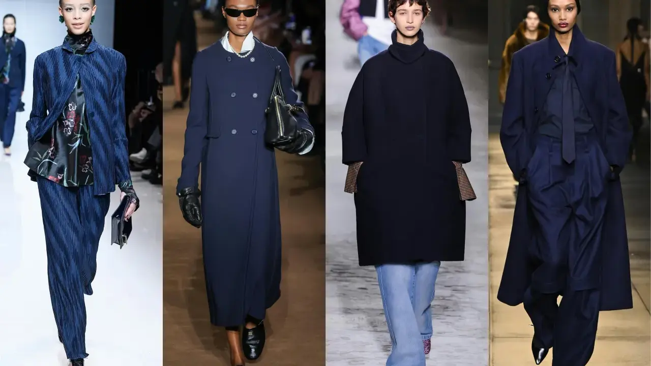 Modelli in passerella mostrano come abbinare il blu scuro: con stampe floreali, jeans, perle e tessuti sartoriali.
