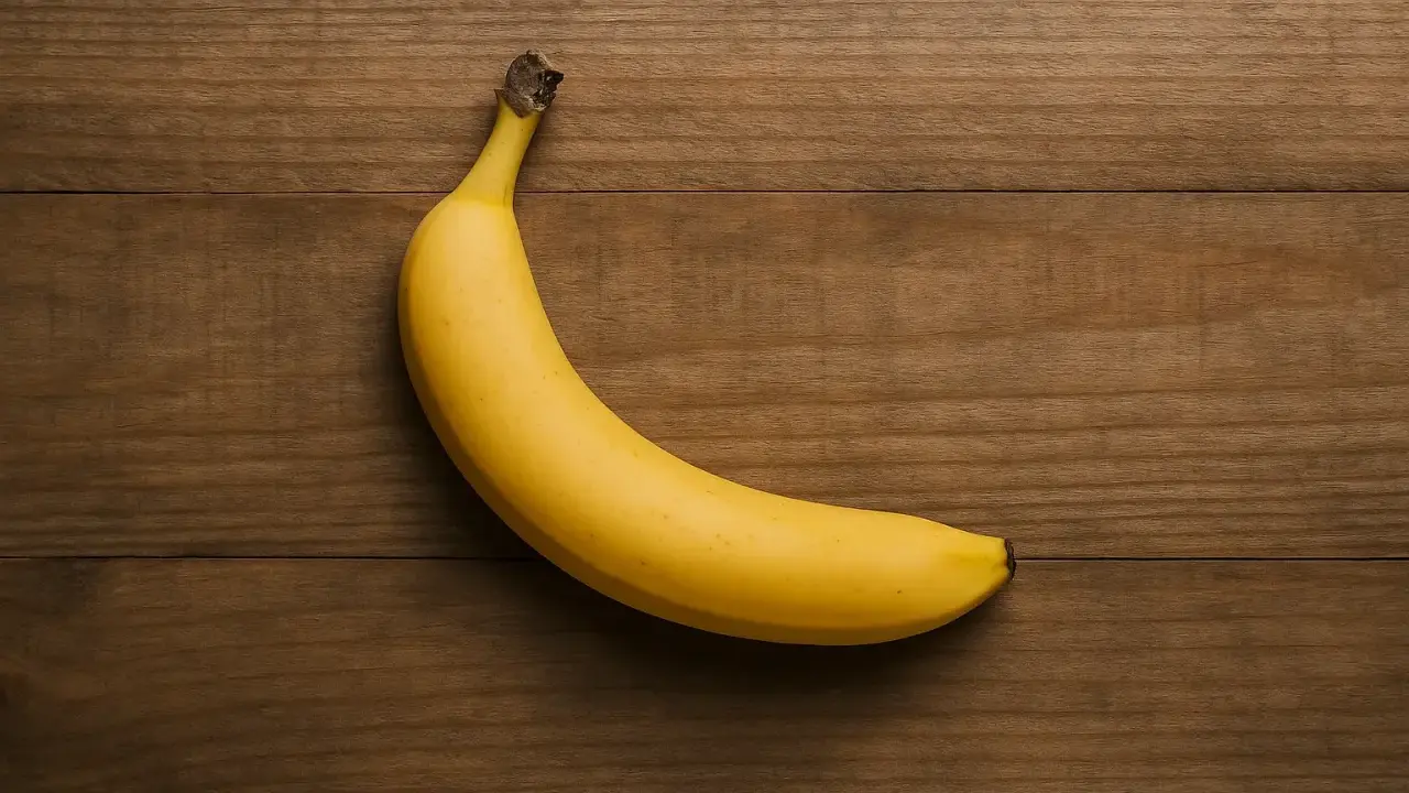 Eine gelbe Banane liegt auf einem Holztisch. Sie ist ein gesunder Snack, aber wie viel Protein hat eine Banane?