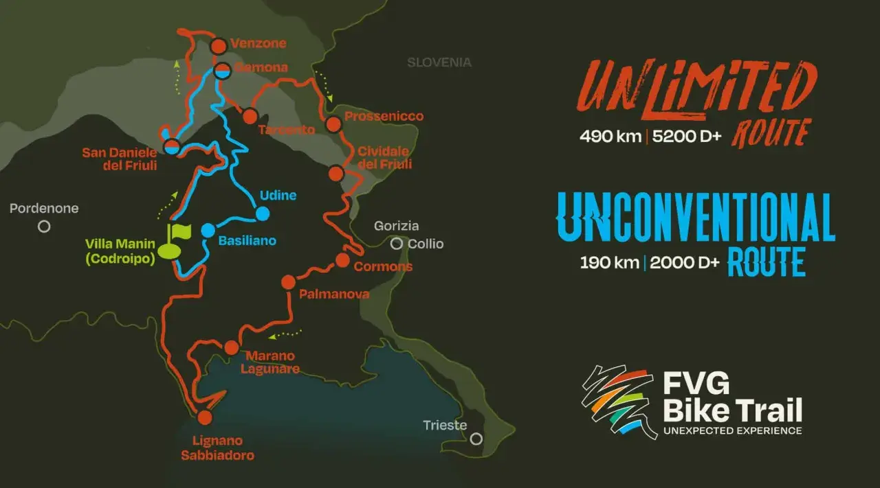 Mappa del FVG Bike Trail con due percorsi: Unlimited (490 km) e Unconventional (190 km).