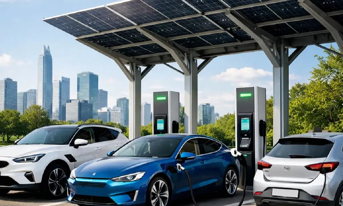Stazione di ricarica per auto elettriche in Italia, con pannelli solari e auto moderne in carica.