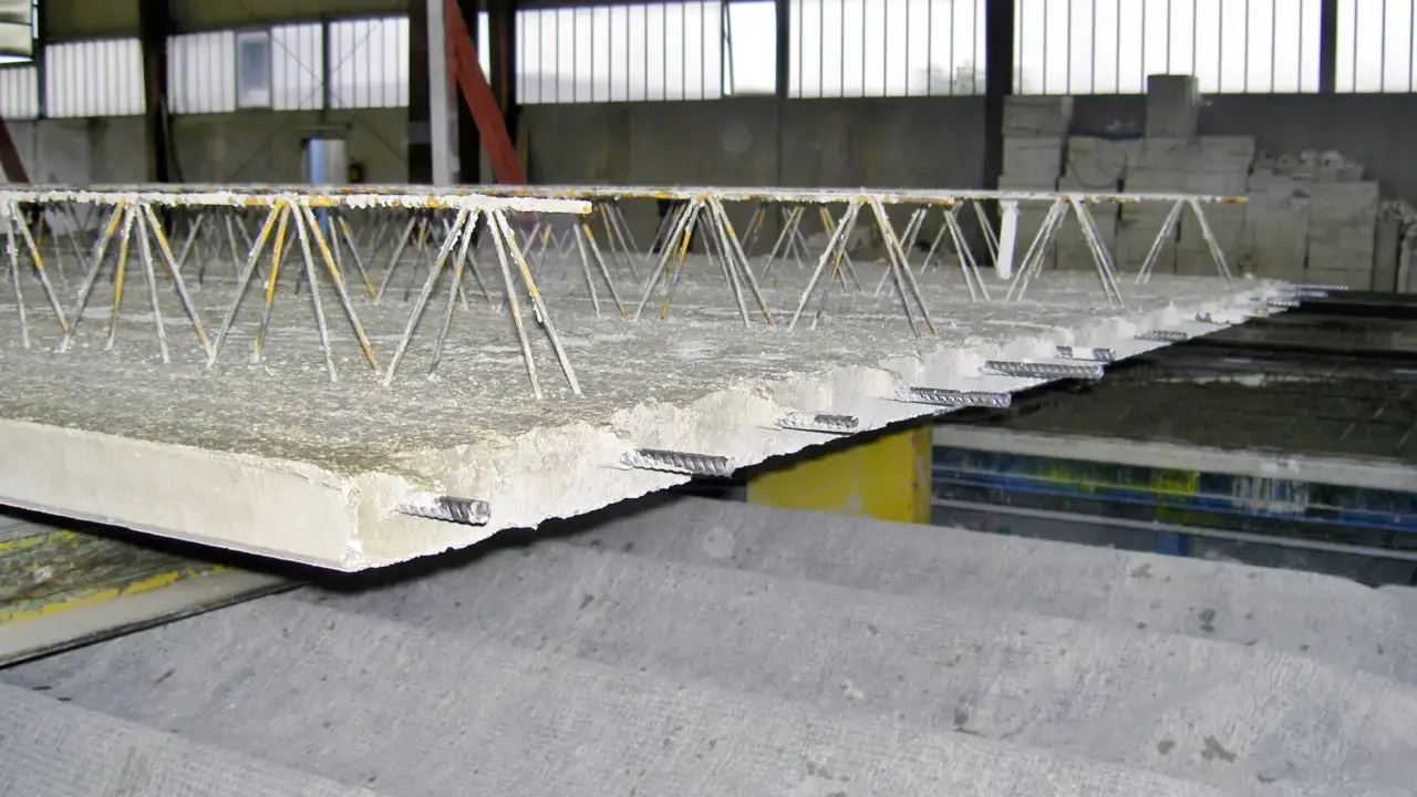 Detalle de forjado reticular con armadura metálica en forma de celosía, listo para ser cubierto de hormigón.