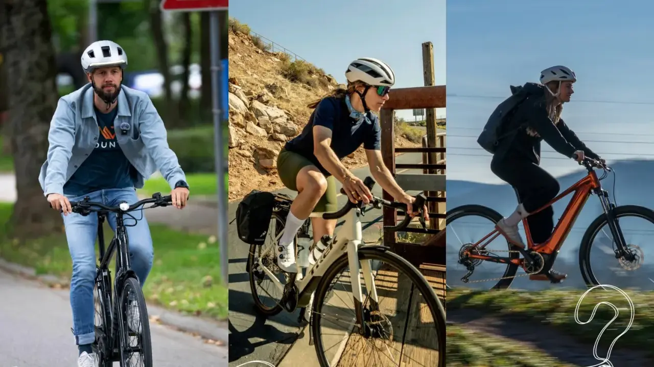 Drei Radfahrer auf unterschiedlichen Fahrrädern: ein Mann auf einem Pendler-Bike in der Stadt, eine Frau auf einem Rennrad auf einem Radweg und eine Frau auf einem E-Bike in bergiger Landschaft.