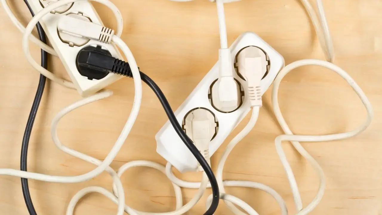 Chaotische Kabel und Steckdosen auf Holz. Hier sind einige kabel verstecken ideen, um Ordnung zu schaffen.
