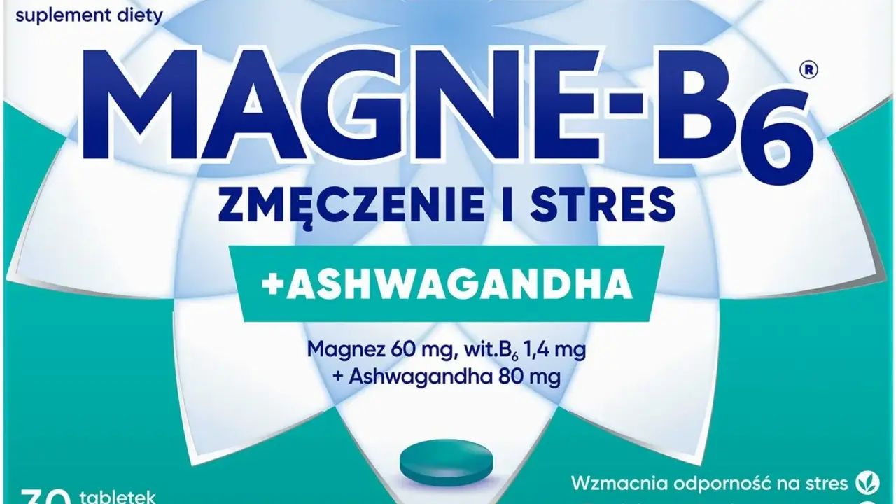 Magne b6 na co pomaga? Opakowanie suplementu diety Magne-B6 z ashwagandhą, wskazane na zmęczenie i stres. 30 tabletek.