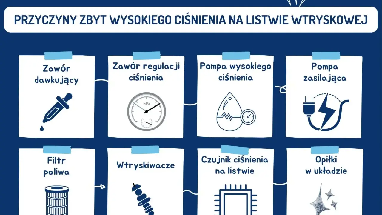Przyczyny zbyt wysokiego ciśnienia na listwie wtryskowej: zawór regulacji ciśnienia CR, objawy mogą być różne.