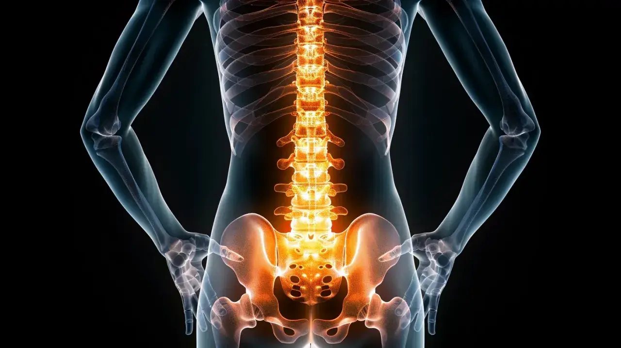 Anatomia kręgosłupa z podświetlonym odcinkiem lędźwiowym, sugerującym wzmocnienie mięśni kręgosłupa lędźwiowego.