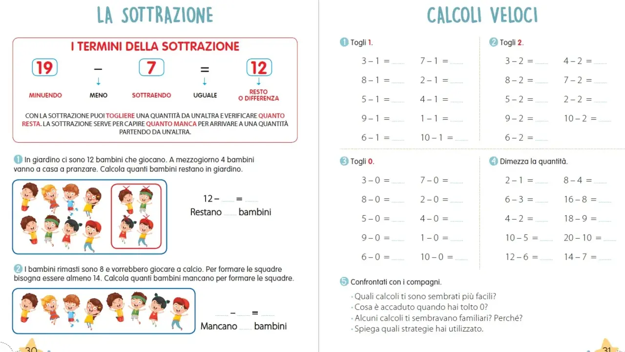 Pagina di esercizi sulle addizioni e sottrazioni in colonna, con esempi visivi e problemi da risolvere.