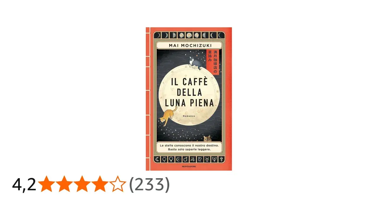 Copertina del libro "Il caffè della luna piena" con gatti e simboli astrologici.