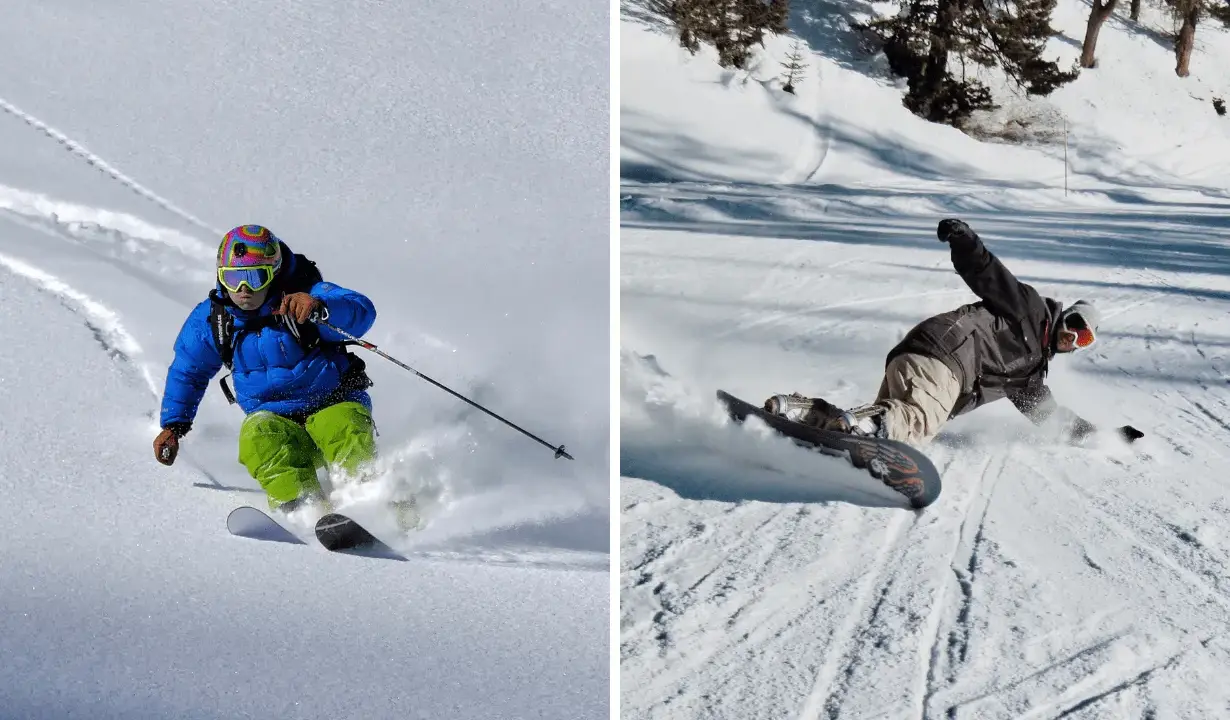 Narciarz w niebieskiej kurtce i snowboardzista w ciemnej kurtce na ośnieżonym stoku.