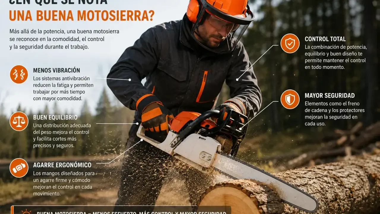 Hombre con equipo de seguridad usando una motosierra, destacando características de los diferentes tipos de motosierras: menos vibración, buen equilibrio, agarre ergonómico, control total y mayor seguridad.