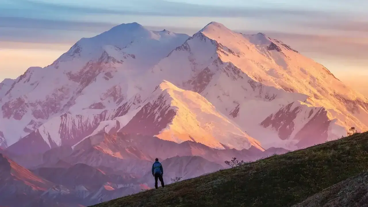 Widok na najwyższy szczyt Ameryki Północnej, Denali, oświetlony zachodzącym słońcem. Samotny turysta stoi na zboczu, podziwiając majestat góry.