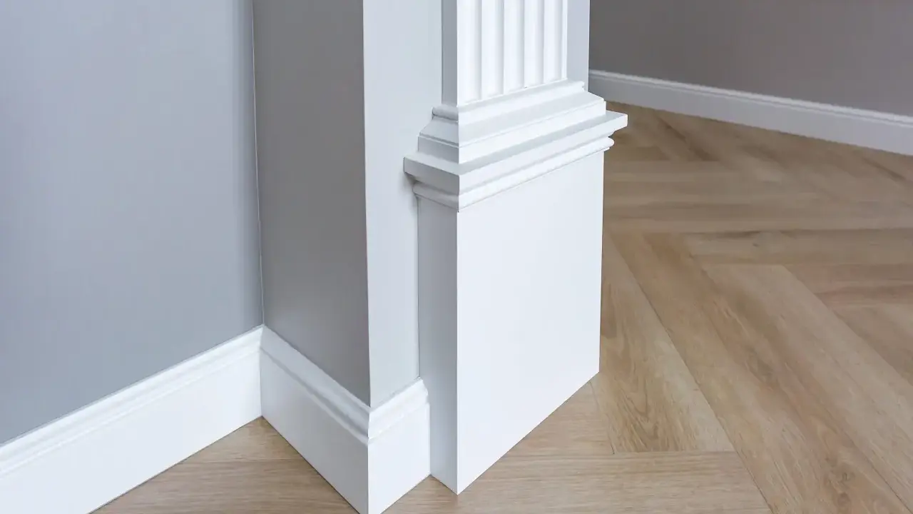 Biały pilaster z żłobieniami i elegancką bazą, idealny do wnętrzarskiego bloga. Drewniana podłoga w jodełkę i szara ściana tworzą stylowe tło.