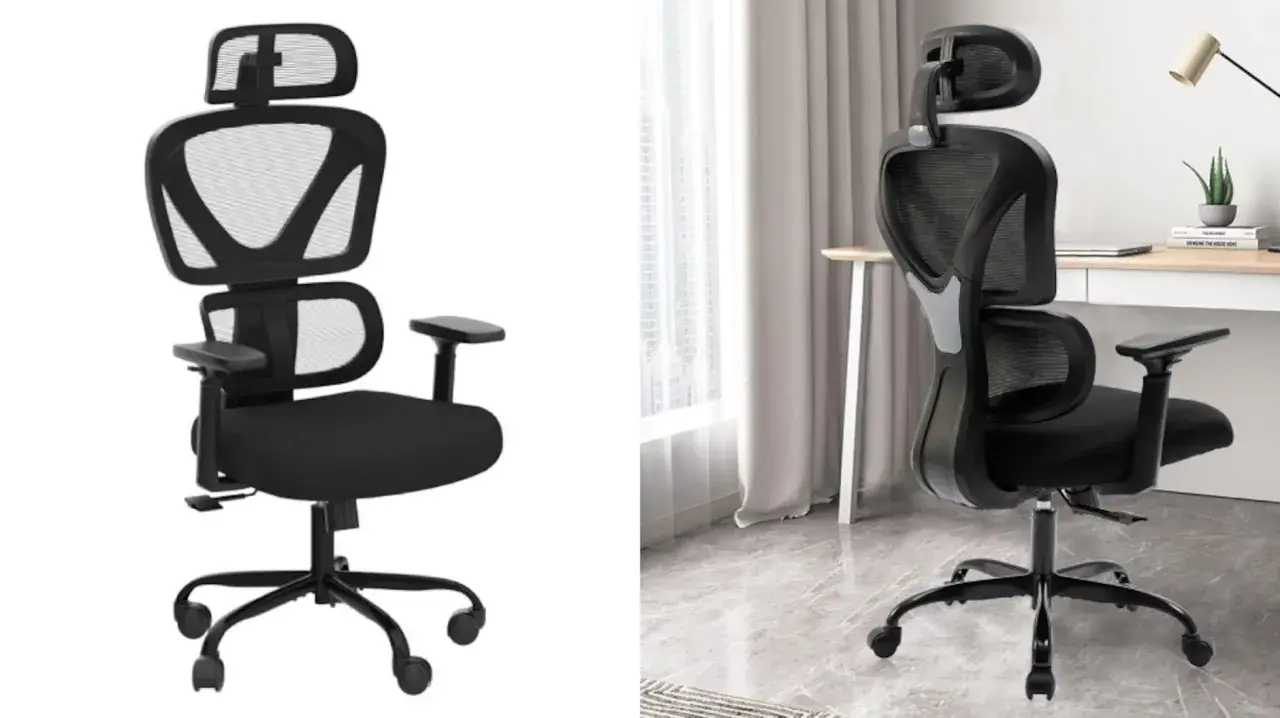 Silla ergonómica negra con malla transpirable, ideal para un taller mecánico o para largas jornadas de trabajo.