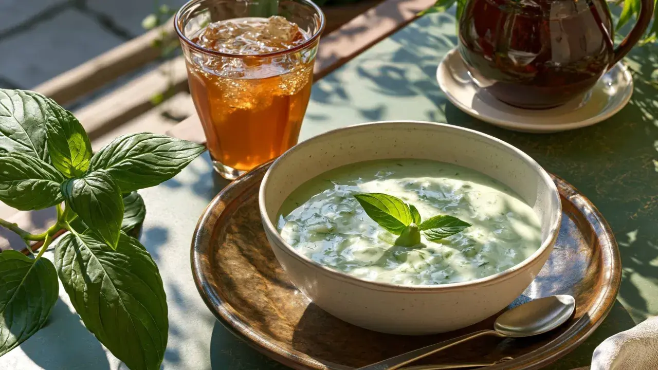 Deliciosa crema de pepino servida en un cuenco, acompañada de un vaso de té helado y hojas verdes frescas.