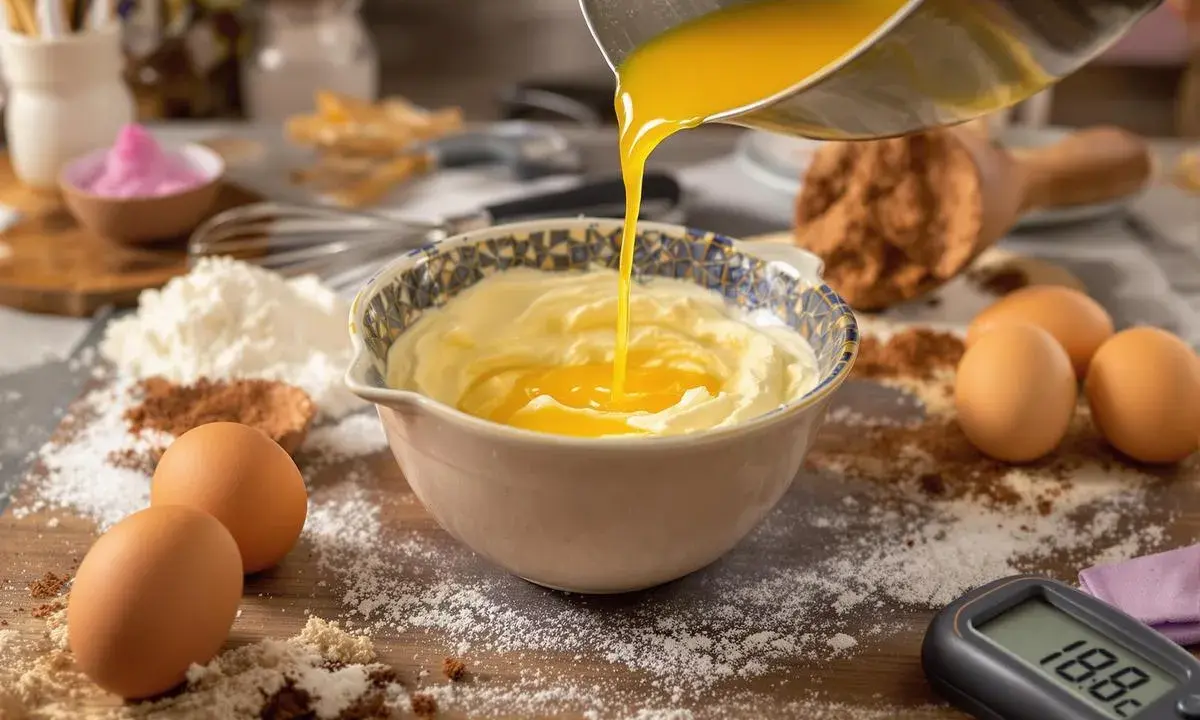 Préparation d'une pâte à bombe : du beurre fondu est versé dans un bol de crème. Farine, cacao, œufs et thermomètre à proximité.