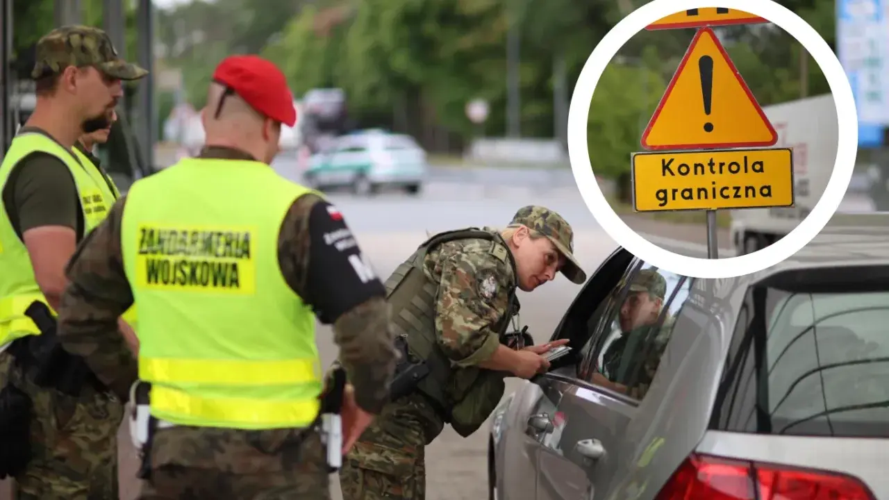 Żołnierze Żandarmerii Wojskowej przeprowadzają kontrolę graniczną. Na znaku drogowym widnieje napis "Kontrola graniczna".