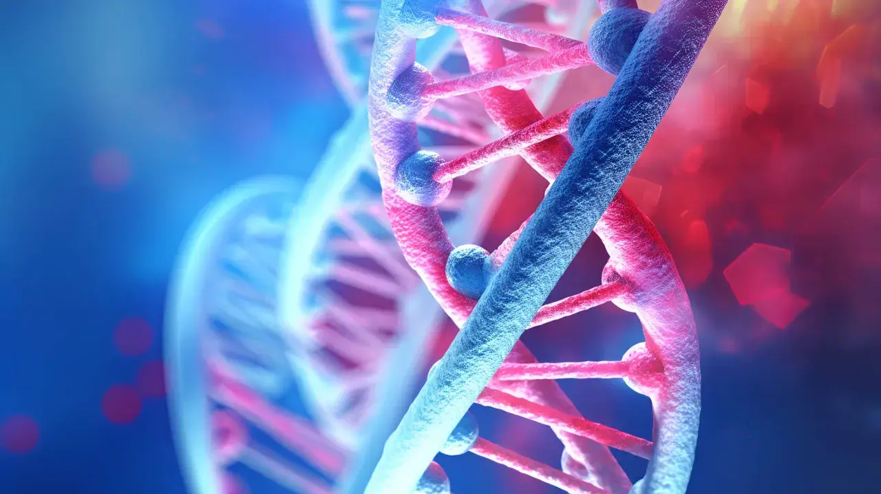 Doppia elica del DNA, simbolo di innovazione e editing genomico, con sfumature blu e rosse.