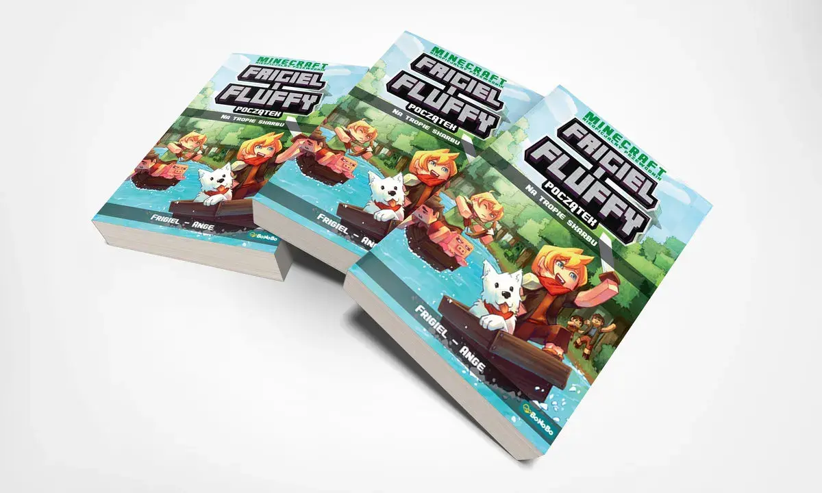 Trzy książki "Frigiel i Fluffy" na okładce mają postacie z gry Minecraft, które płyną łódką.