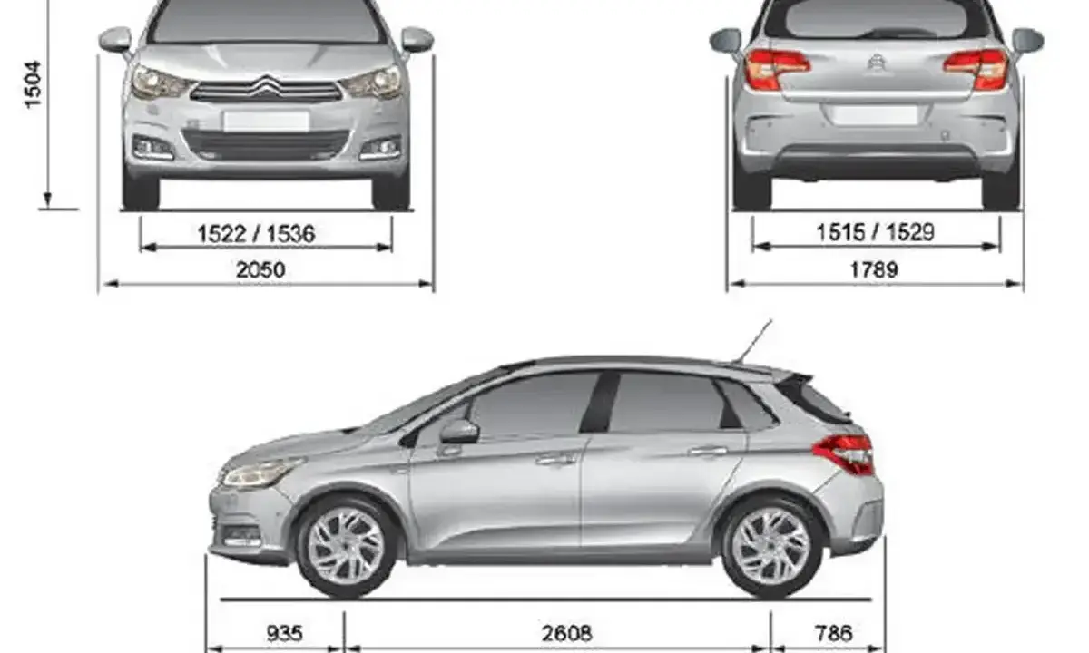 Schemat Citroen C4 z wymiarami: wysokość 1504 mm, szerokość przód 2050 mm, szerokość tył 1789 mm, długość 4329 mm.