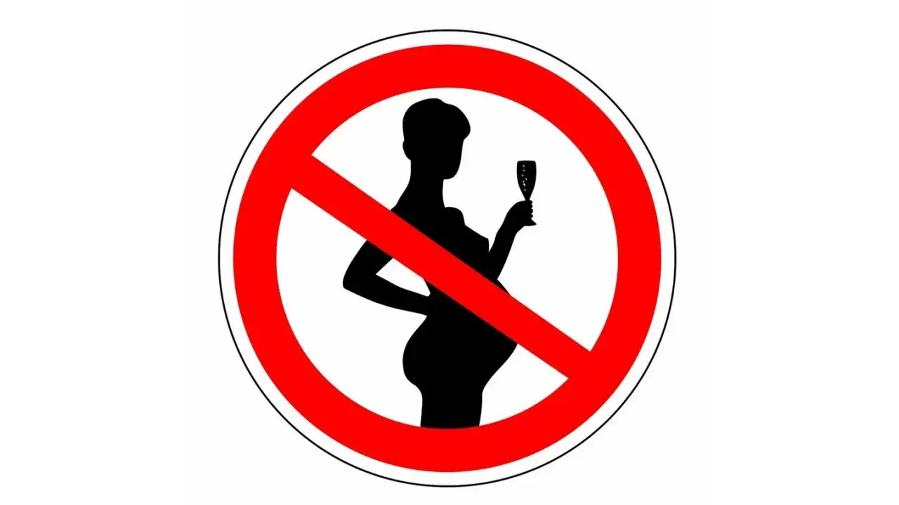 Verbotsschild: Silhouette einer schwangeren Frau mit Sektglas, durchgestrichen. Kein Alkohol in den ersten 4 Wochen der Schwangerschaft.
