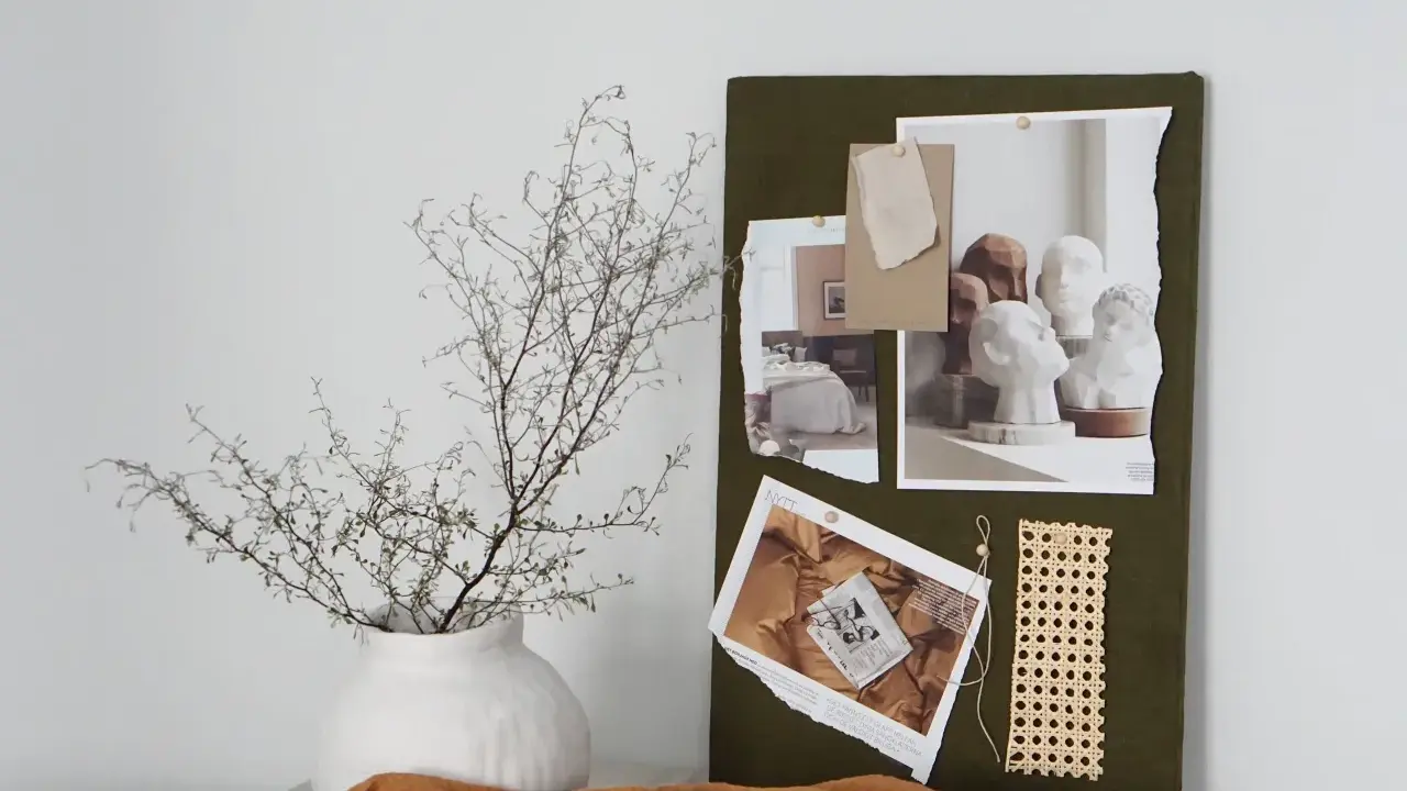 Moodboard inredning med inspiration från sovrum, byster och naturmaterial.