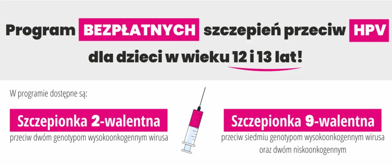 Grafika przedstawia program bezpłatnych szczepień przeciw HPV dla dzieci w wieku 12 i 13 lat, z informacją o szczepionkach 2- i 9-walentnej.