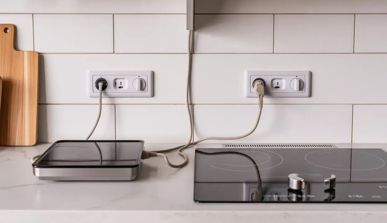 Deux plaques de cuisson à induction sont branchées sur des prises murales. L'une est une plaque portable, l'autre est intégrée.