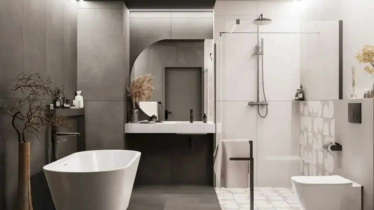 Nowoczesna łazienka z wanną i prysznicem. Efektowne układanie płytek 120x60 na ścianie dodaje elegancji.
