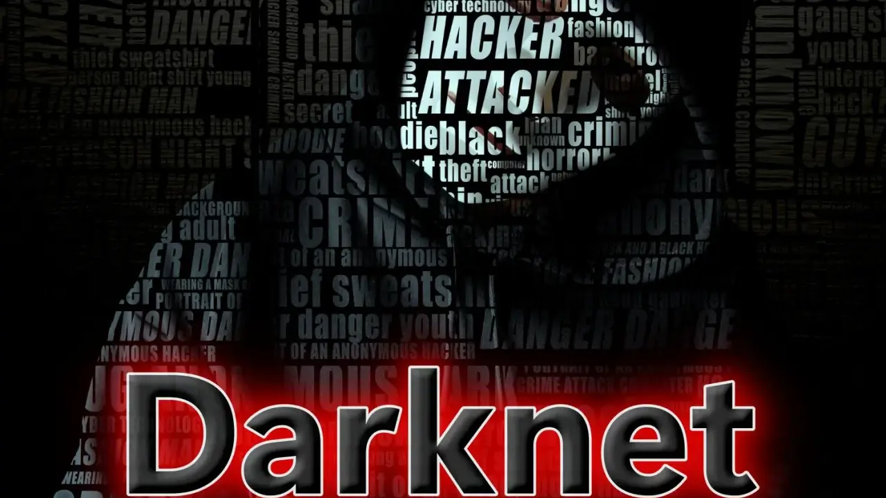 Silhouetten und Begriffe wie "Hacker", "Crime" und "Danger" umgeben das Wort "Darknet".