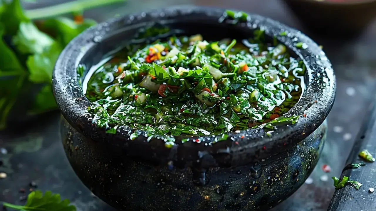 Frisches, grünes Chimichurri im Steinmörser, ein authentisches argentinisches Rezept. Perfekt für gegrilltes Fleisch.