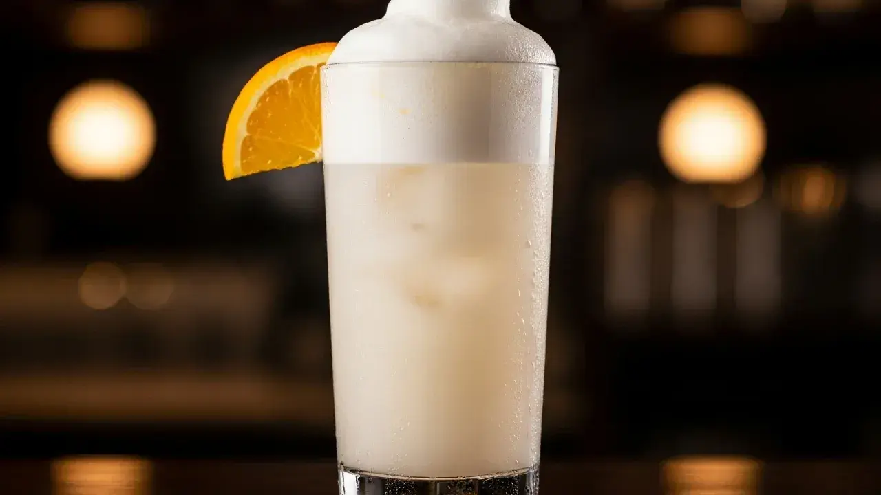 En krämig Ramos Gin Fizz med apelsinskiva, perfekt för en sofistikerad kväll.