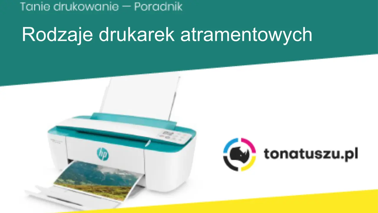 Poradnik o rodzajach drukarek atramentowych. Widoczna drukarka HP drukuje zdjęcie krajobrazu.