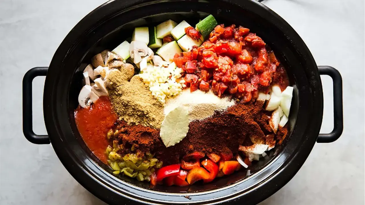 En slow cooker fylld med hackade grönsaker, tomater och kryddor, redo att bli en smakrik gryta.