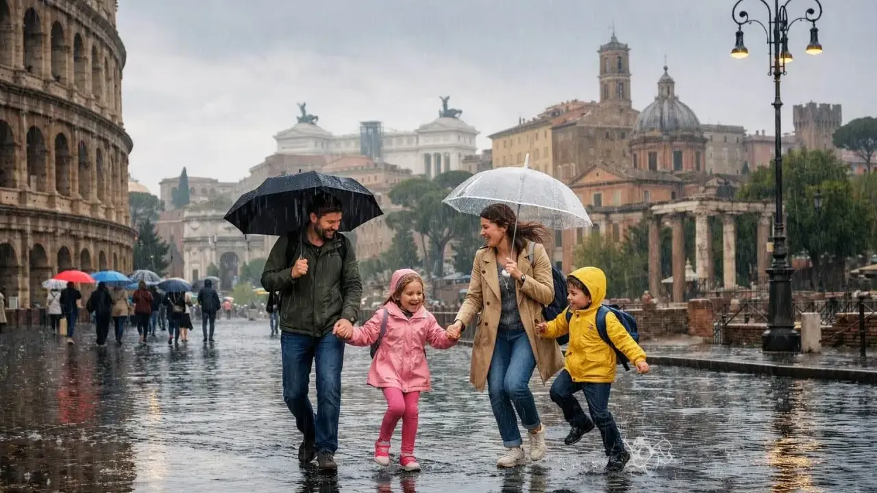 Famiglia felice sotto la pioggia a Roma, con il Colosseo sullo sfondo. Un'idea su cosa vedere a Roma quando piove: godersi la magia della città anche con l'ombrello!