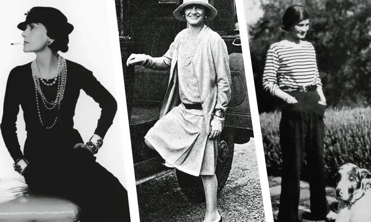 Coco Chanel, ícono de la moda, luce elegantes vestidos años 20 y pantalones de estilo atemporal.