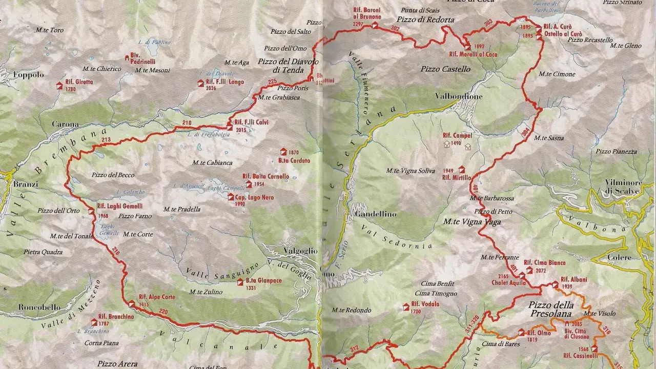 Mappa del sentiero delle Orobie, con sentieri rossi che attraversano valli e cime come il Pizzo Coca e la Presolana.