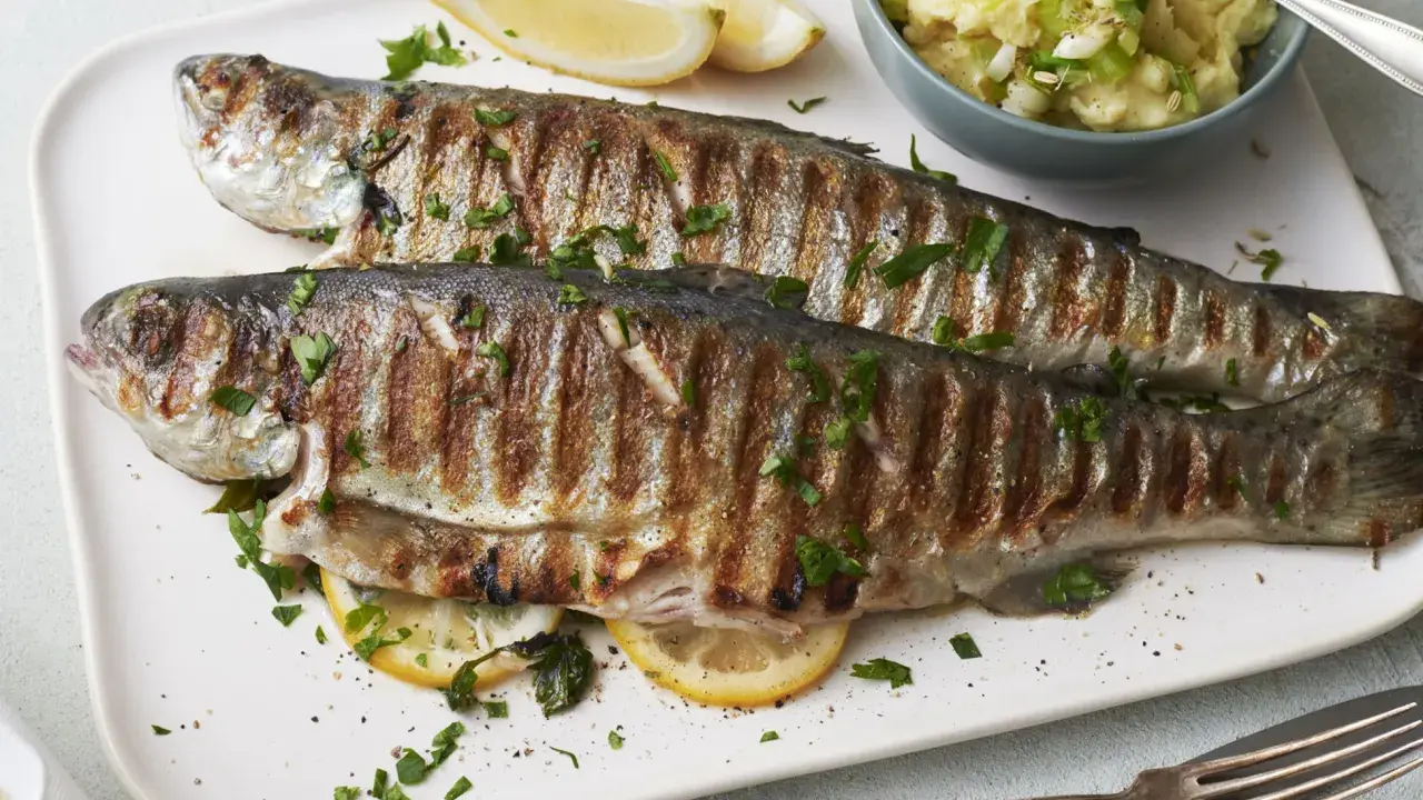Zwei perfekt gegrillte Forellen liegen auf einem Teller, garniert mit Petersilie und Zitronenspalten. Dazu gibt es Kartoffelpüree mit Frühlingszwiebeln. Ein Genuss für alle, die Forelle grillen lieben.