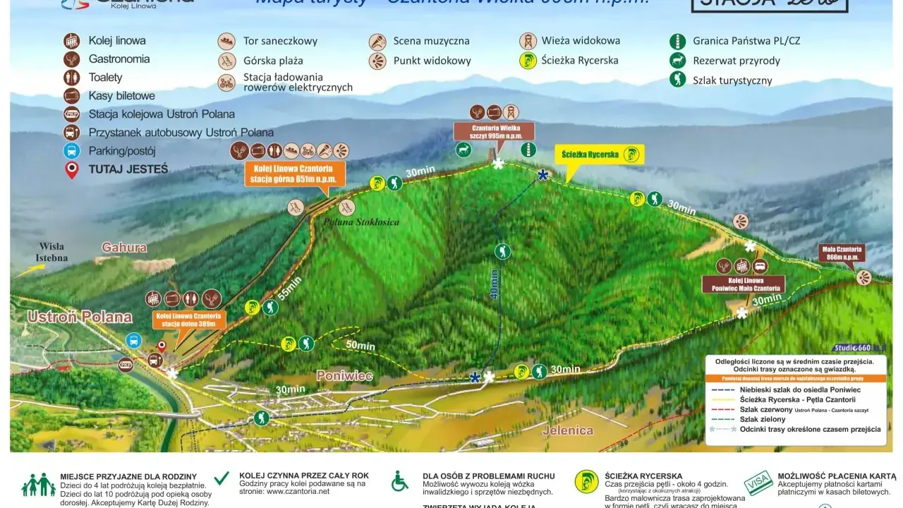 Mapa turystyczna Wielkiej Czantorii z zaznaczonymi szlakami, kolejką linową i atrakcjami.